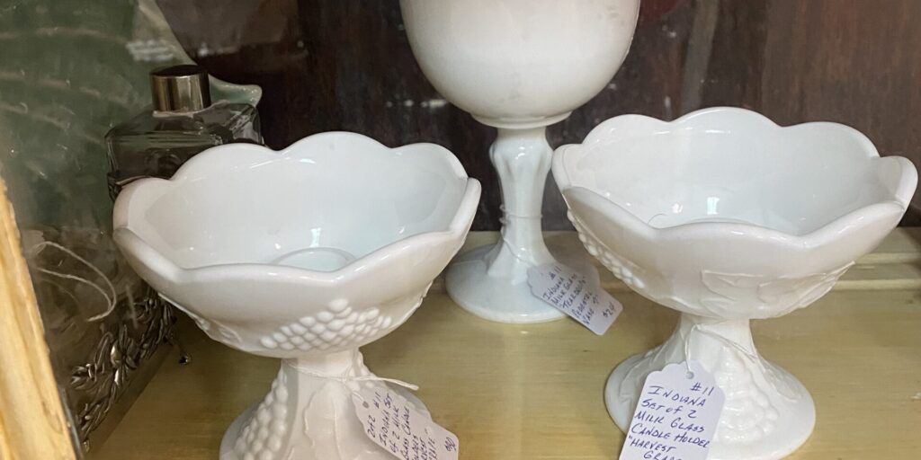 a collection of milk glass at Salt River Antiques in St Marys Georgia