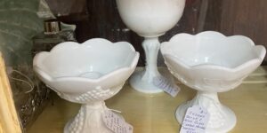 a collection of milk glass at Salt River Antiques in St Marys Georgia